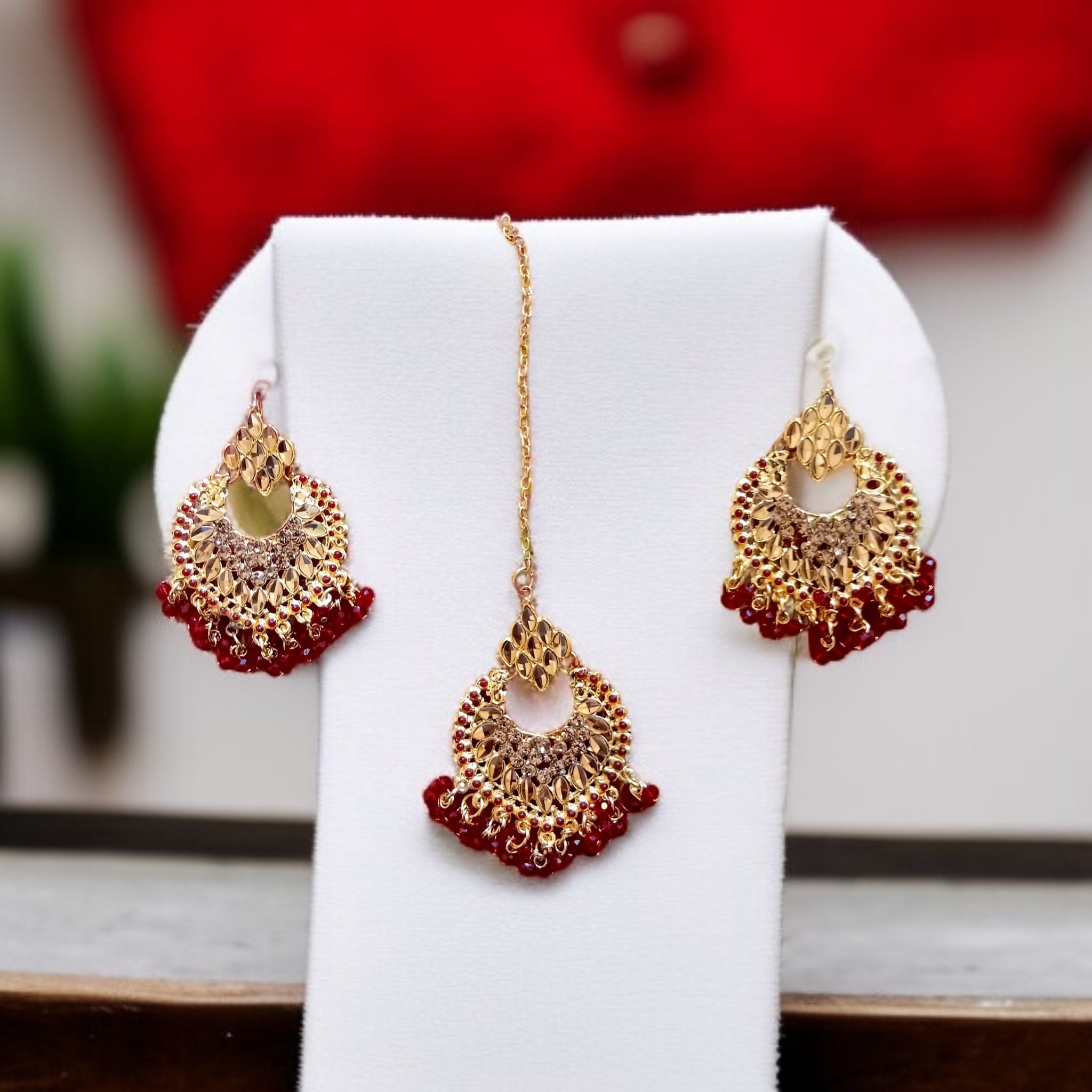 Buy Red and Golden colour jewellery earrings and tikka at best price in Pakistan